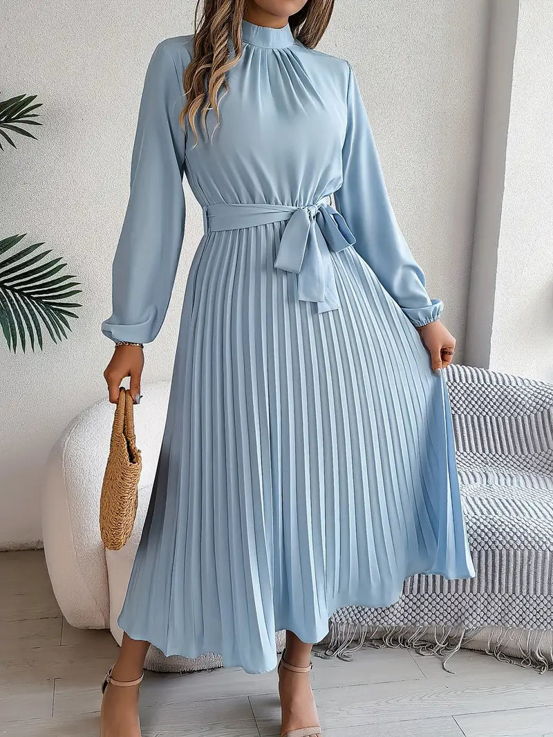Women's Pleated Midi Dress with Belt | Long Sleeve, Elegant Design for Casual or Formal Events