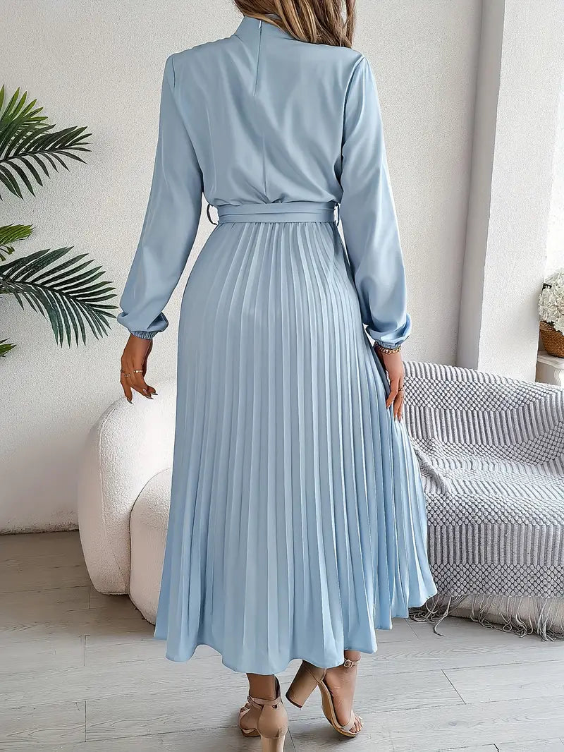 Women's Pleated Midi Dress with Belt | Long Sleeve, Elegant Design for Casual or Formal Events