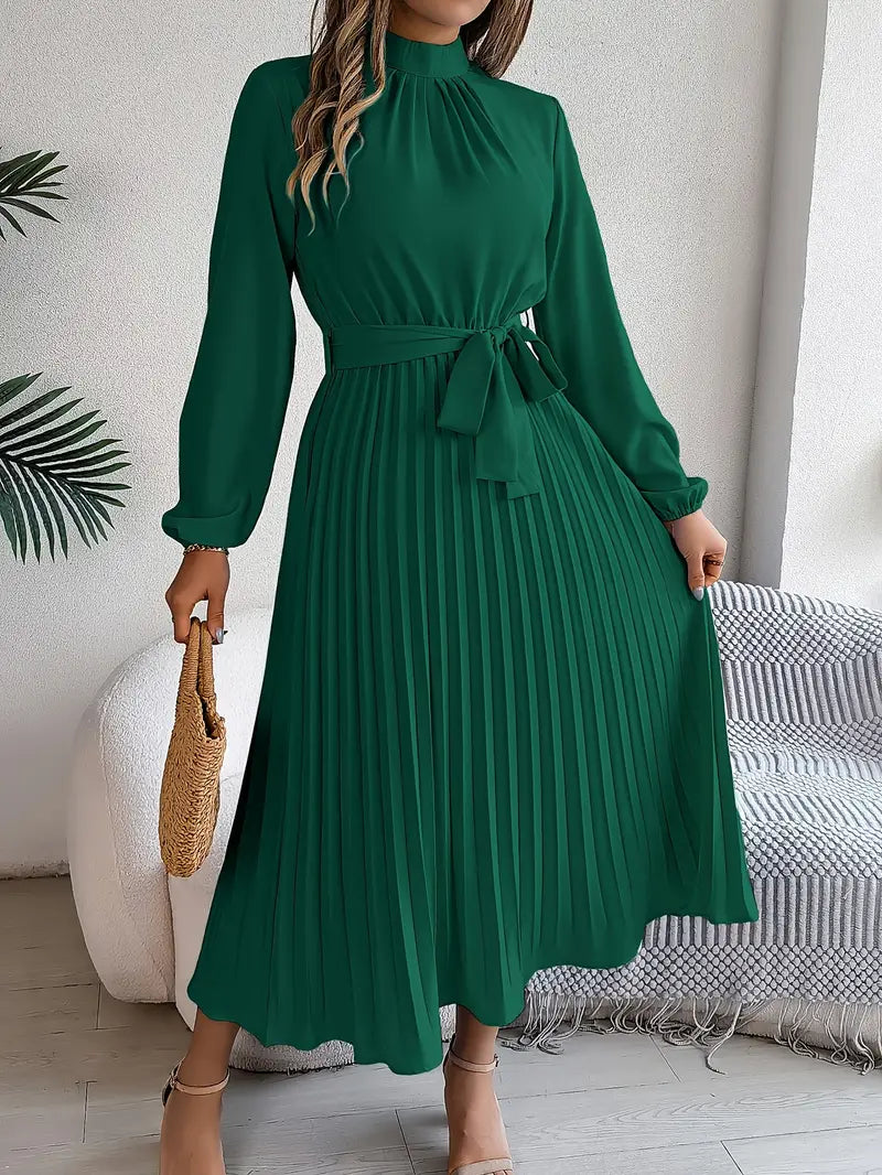 Women's Pleated Midi Dress with Belt | Long Sleeve, Elegant Design for Casual or Formal Events