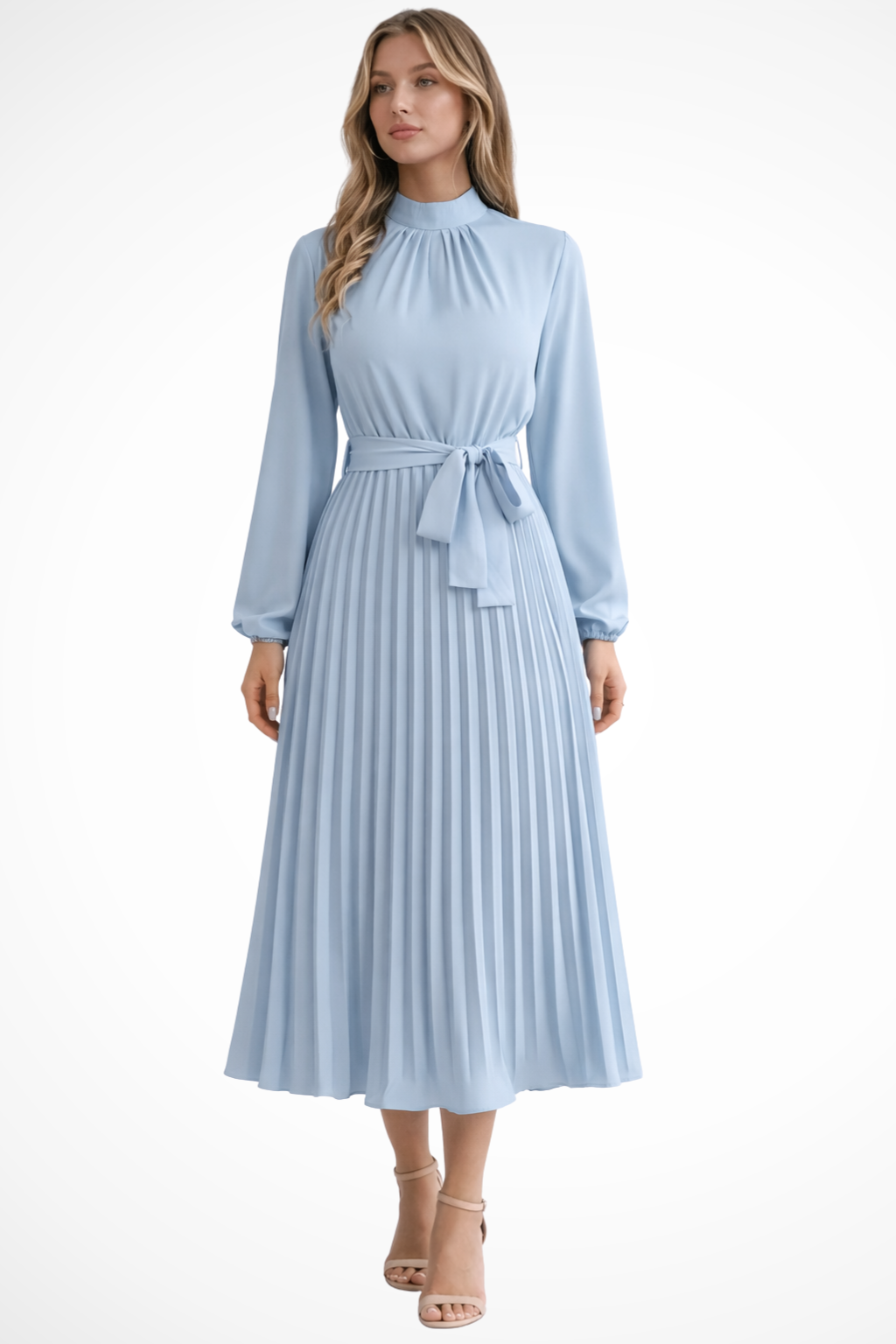 Women's Pleated Midi Dress with Belt | Long Sleeve, Elegant Design for Casual or Formal Events