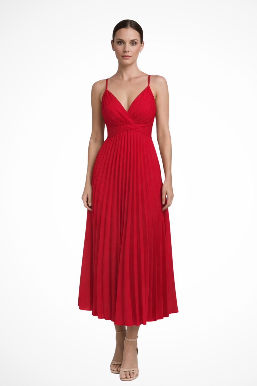 Women's Pleated Midi Dress with Twist Front Bodice - Formal Evening Wear - Elegant Style for Special Occasions