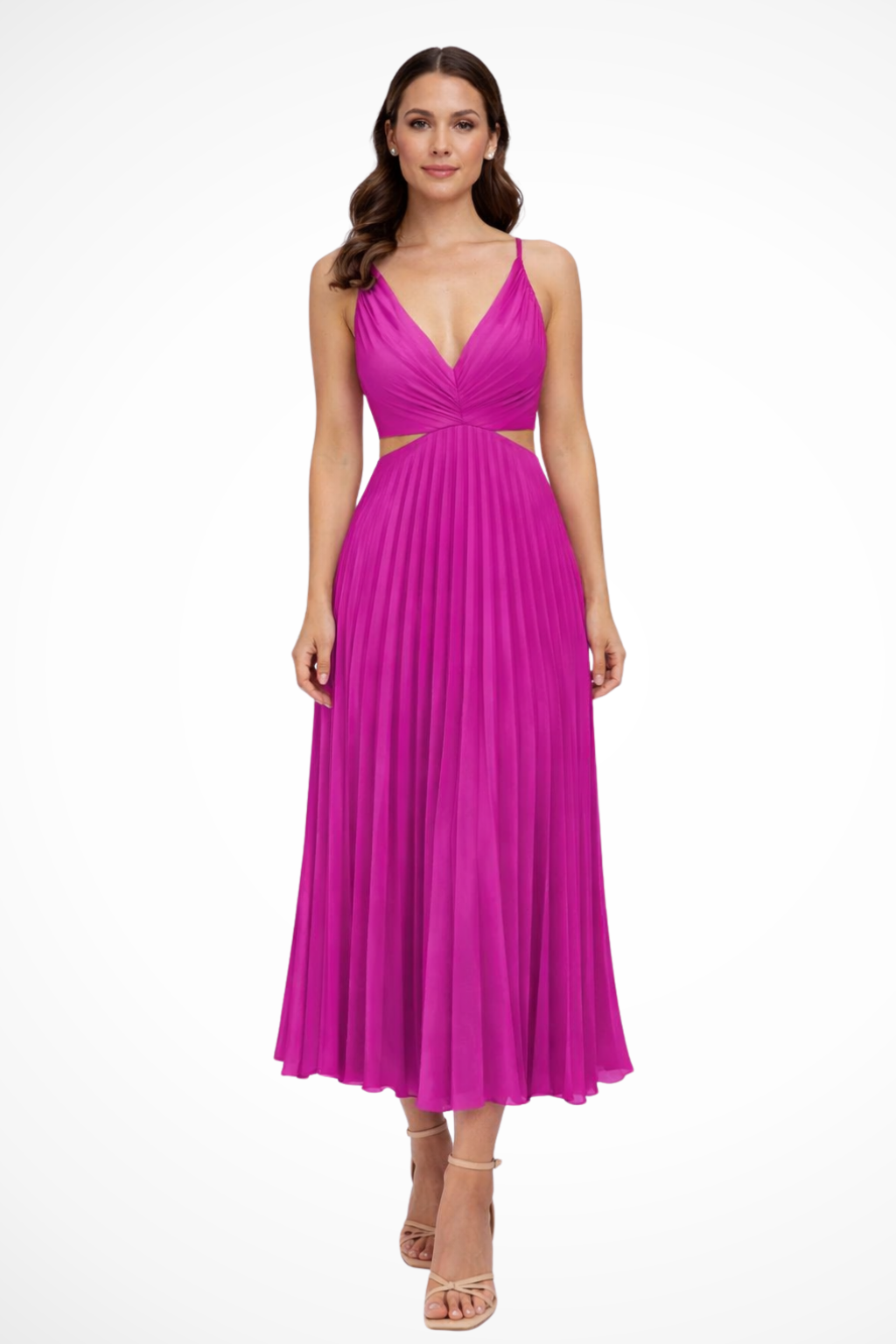 Women's Pleated Midi Dress with Twist Front Bodice - Formal Evening Wear - Elegant Style for Special Occasions