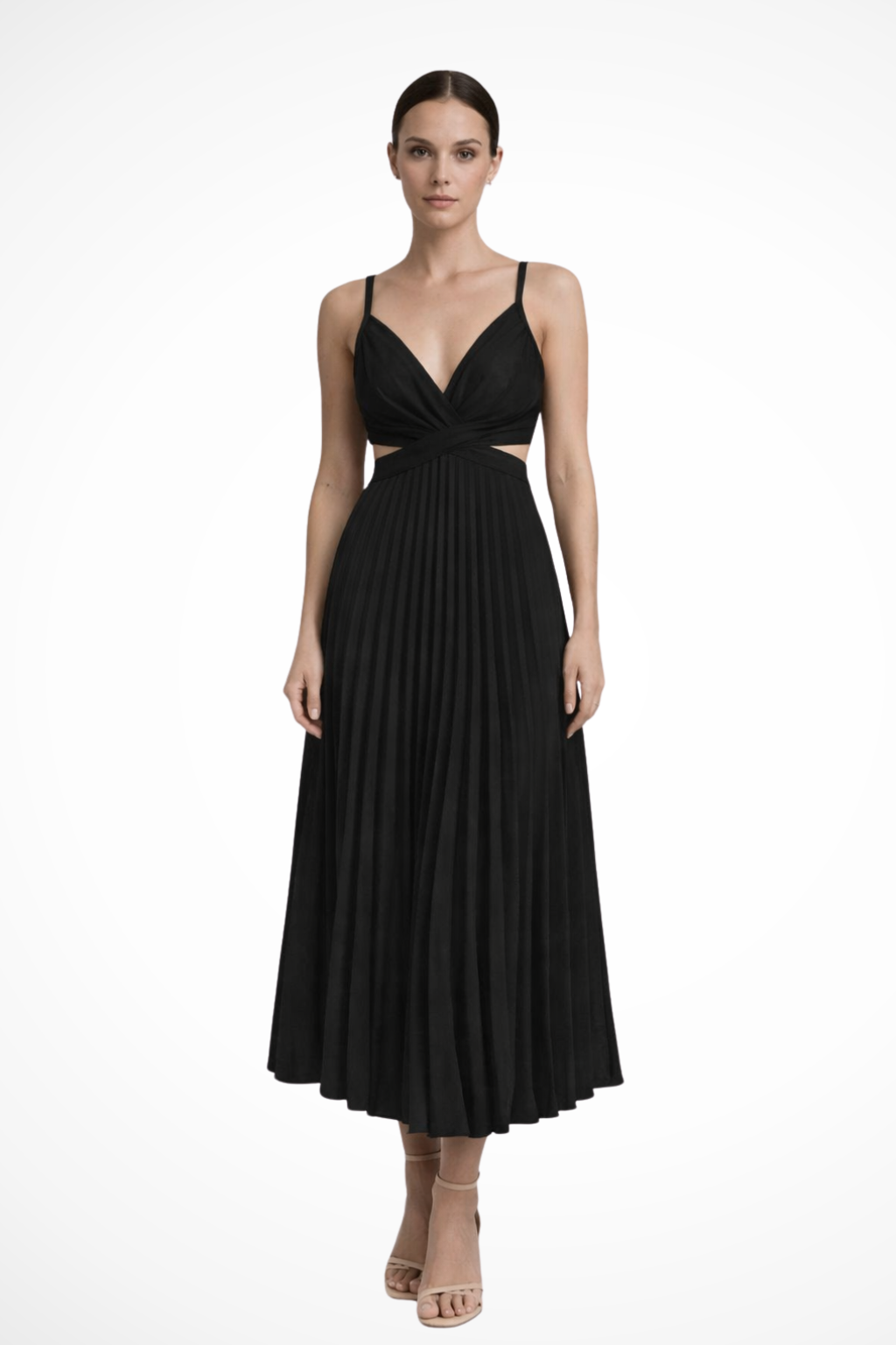 Women's Pleated Midi Dress with Twist Front Bodice - Formal Evening Wear - Elegant Style for Special Occasions