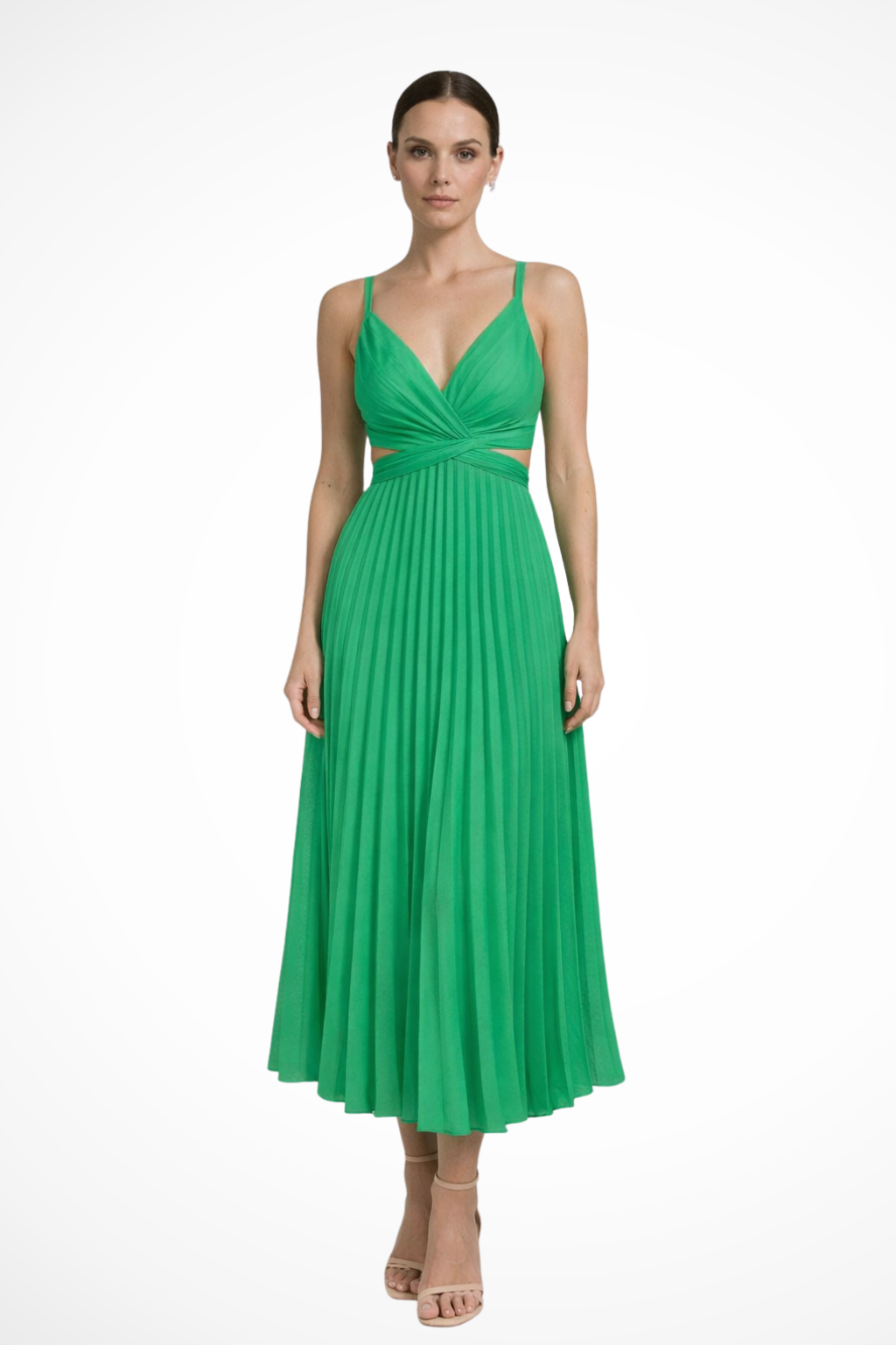 Women's Pleated Midi Dress with Twist Front Bodice - Formal Evening Wear - Elegant Style for Special Occasions