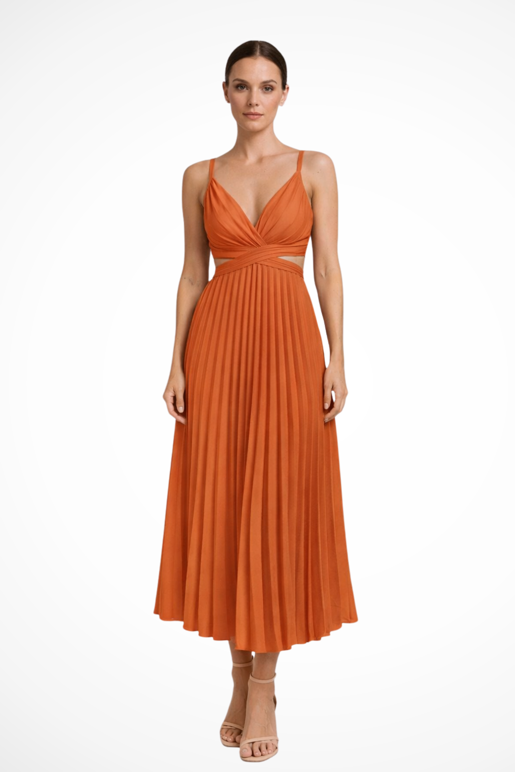 Women's Pleated Midi Dress with Twist Front Bodice - Formal Evening Wear - Elegant Style for Special Occasions