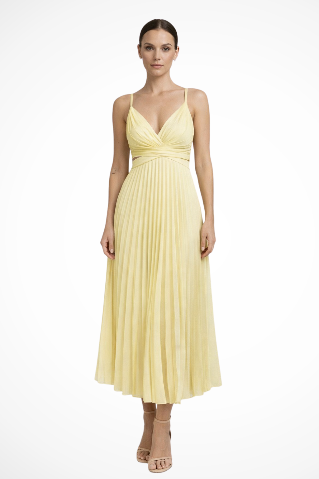 Women's Pleated Midi Dress with Twist Front Bodice - Formal Evening Wear - Elegant Style for Special Occasions