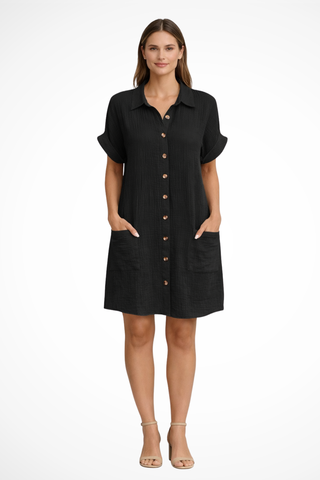 Women's Short Sleeve Button Front Summer Beach Dress - Lightweight Cotton Casual Sundress for Warm Weather Outings