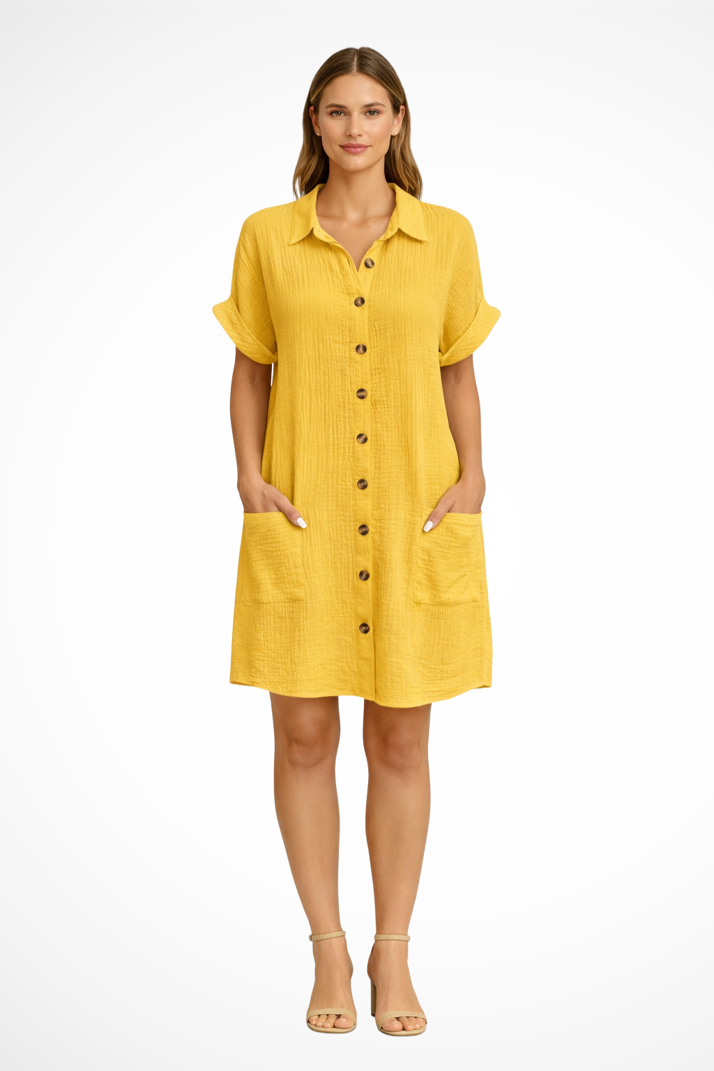 Women's Short Sleeve Button Front Summer Beach Dress - Lightweight Cotton Casual Sundress for Warm Weather Outings