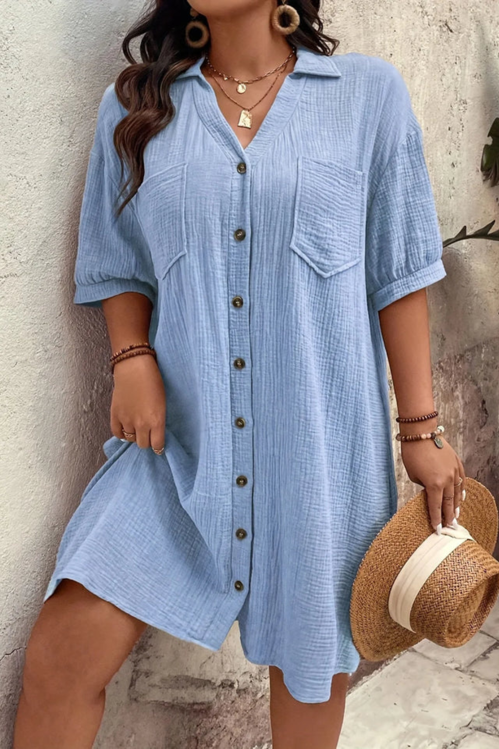 Women's Short Sleeve Button-Up Midi Dress in Lightweight Fabric for Casual Wear and Everyday Style