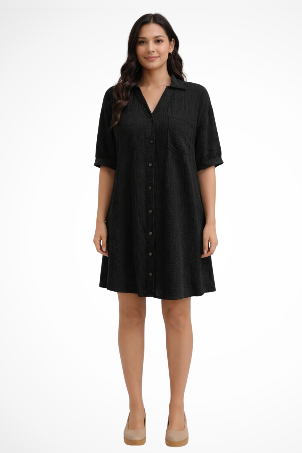 Women's Short Sleeve Button-Up Midi Dress in Lightweight Fabric for Casual Wear and Everyday Style
