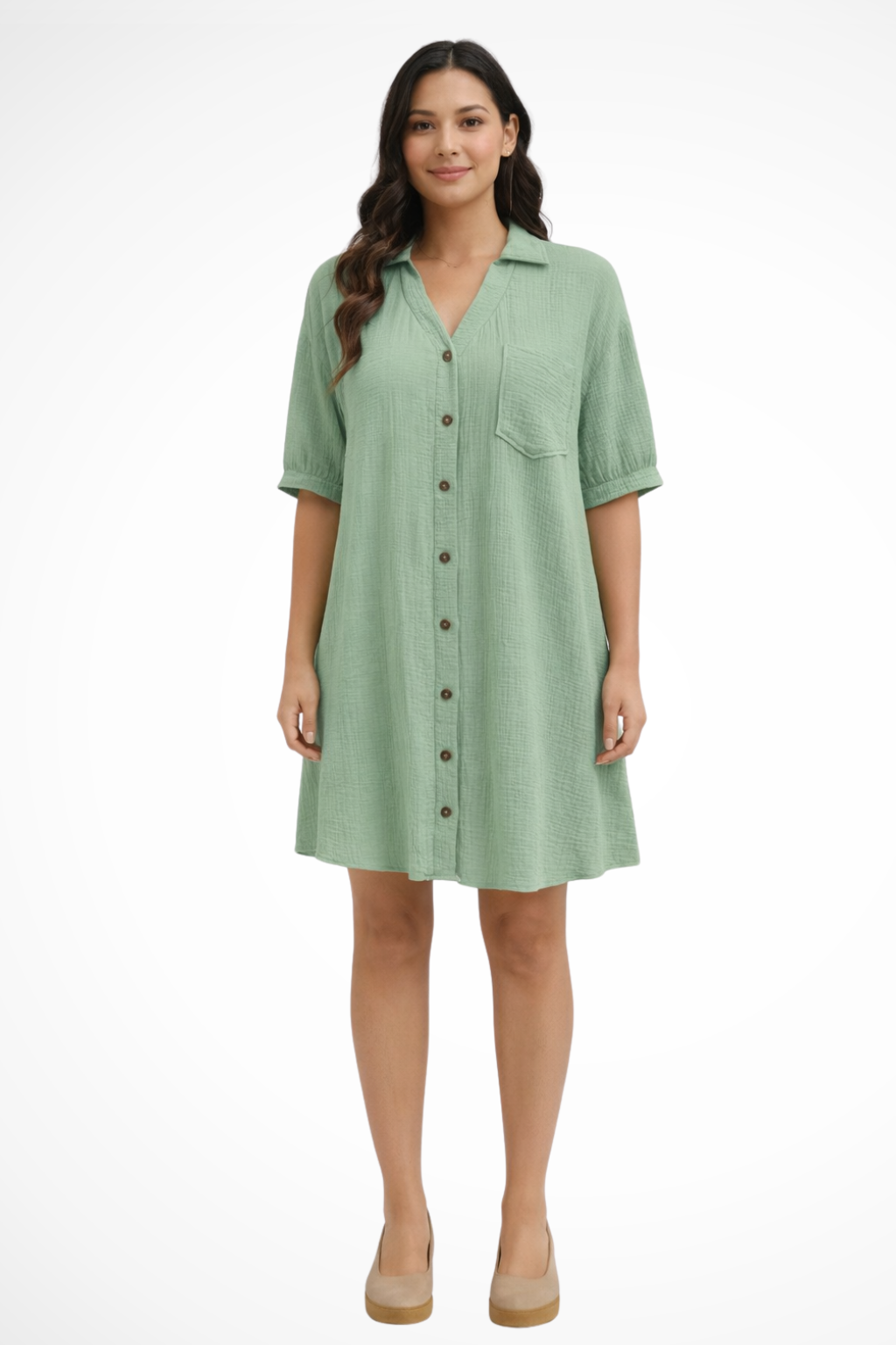 Women's Short Sleeve Button-Up Midi Dress in Lightweight Fabric for Casual Wear and Everyday Style