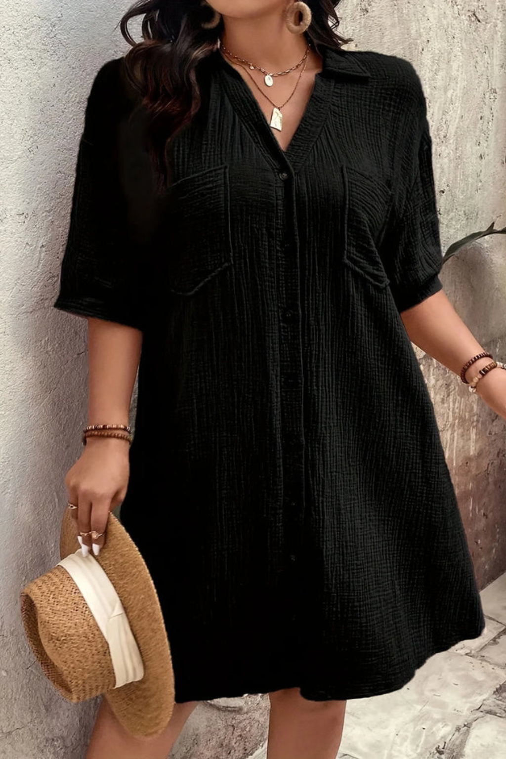 Women's Short Sleeve Button-Up Midi Dress in Lightweight Fabric for Casual Wear and Everyday Style