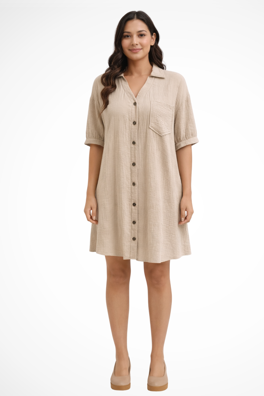 Women's Short Sleeve Button-Up Midi Dress in Lightweight Fabric for Casual Wear and Everyday Style