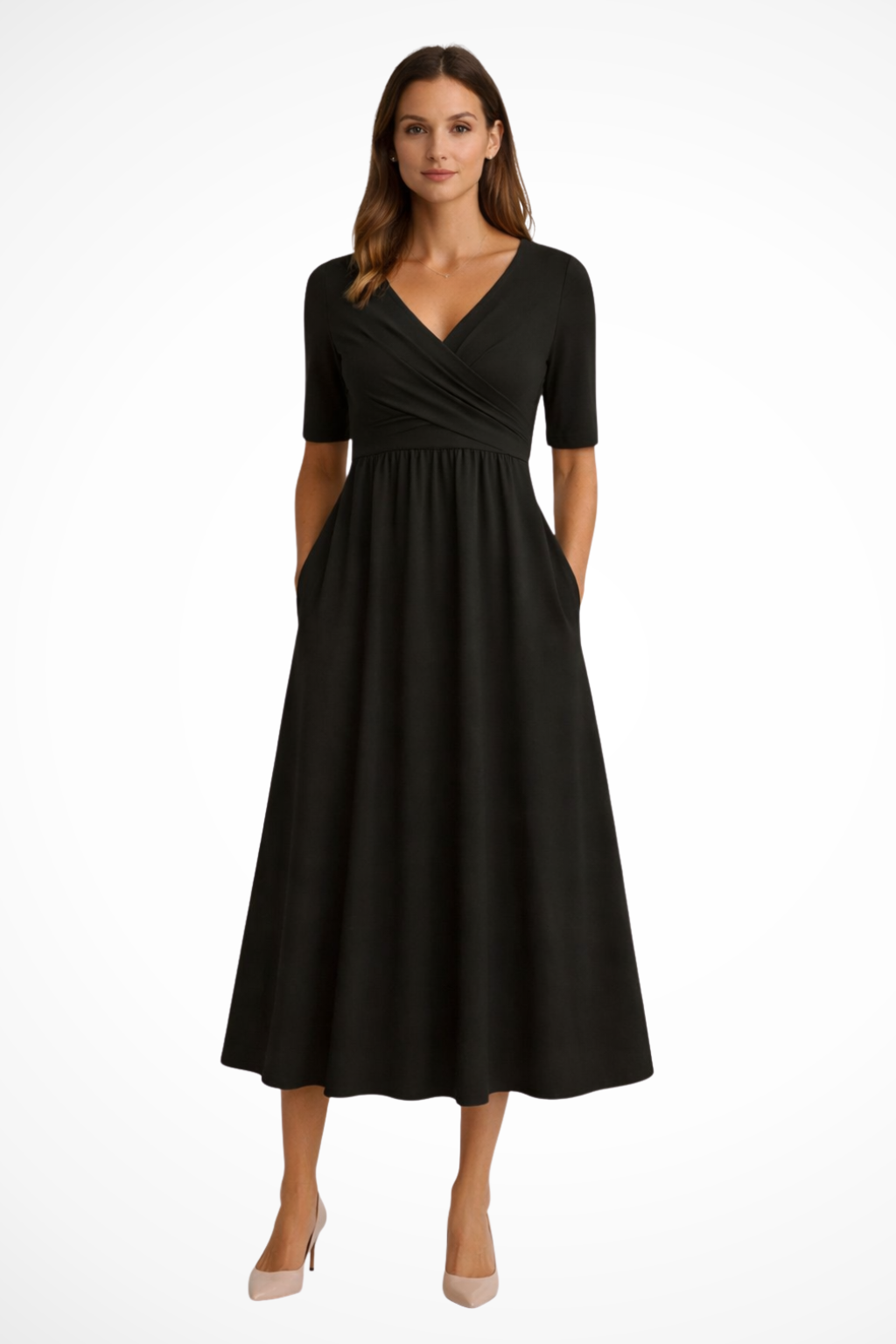 Women's Short Sleeve Wrap Front Midi Dress - Casual, Comfortable Fit for Everyday Wear