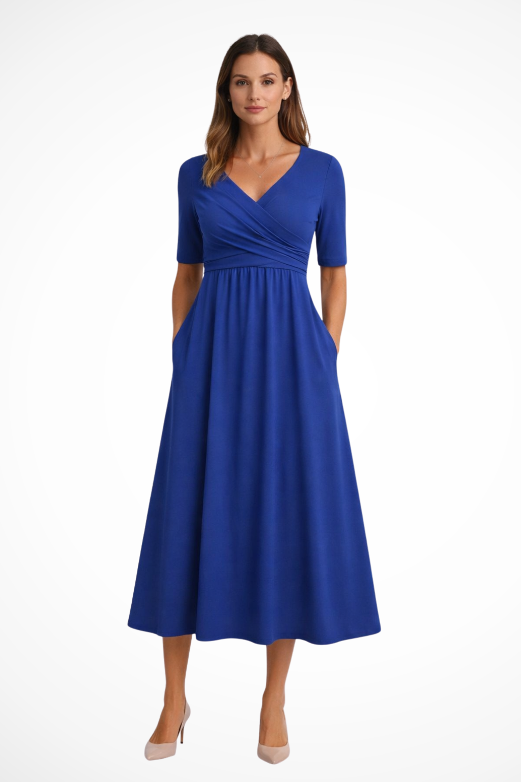 Women's Short Sleeve Wrap Front Midi Dress - Casual, Comfortable Fit for Everyday Wear