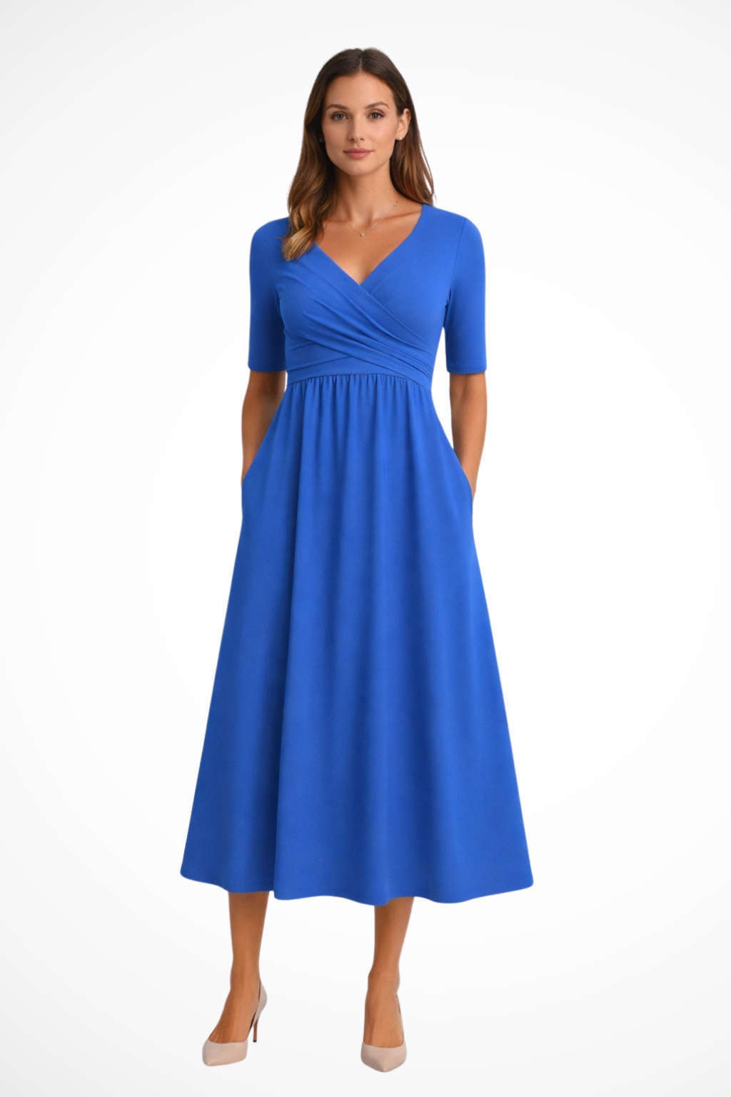Women's Short Sleeve Wrap Front Midi Dress - Casual, Comfortable Fit for Everyday Wear
