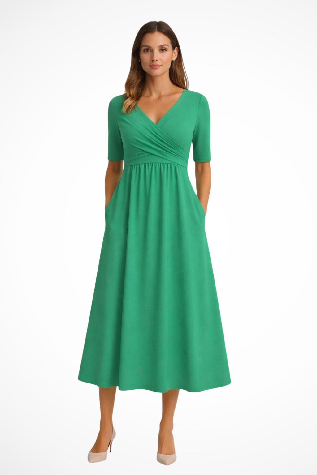 Women's Short Sleeve Wrap Front Midi Dress - Casual, Comfortable Fit for Everyday Wear
