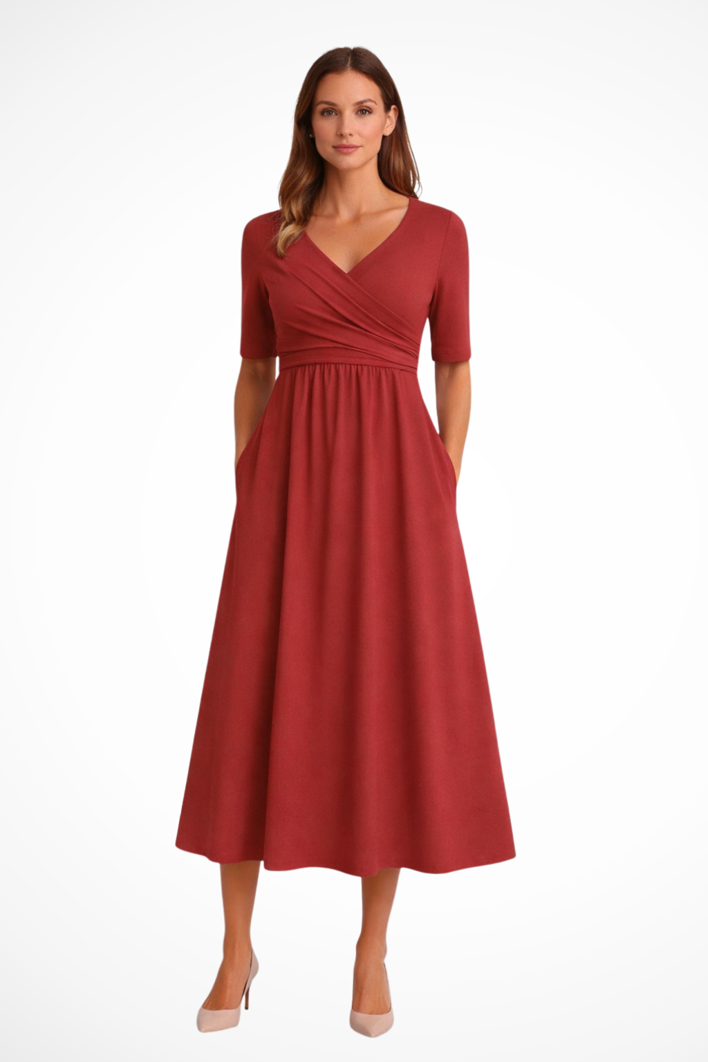 Women's Short Sleeve Wrap Front Midi Dress - Casual, Comfortable Fit for Everyday Wear