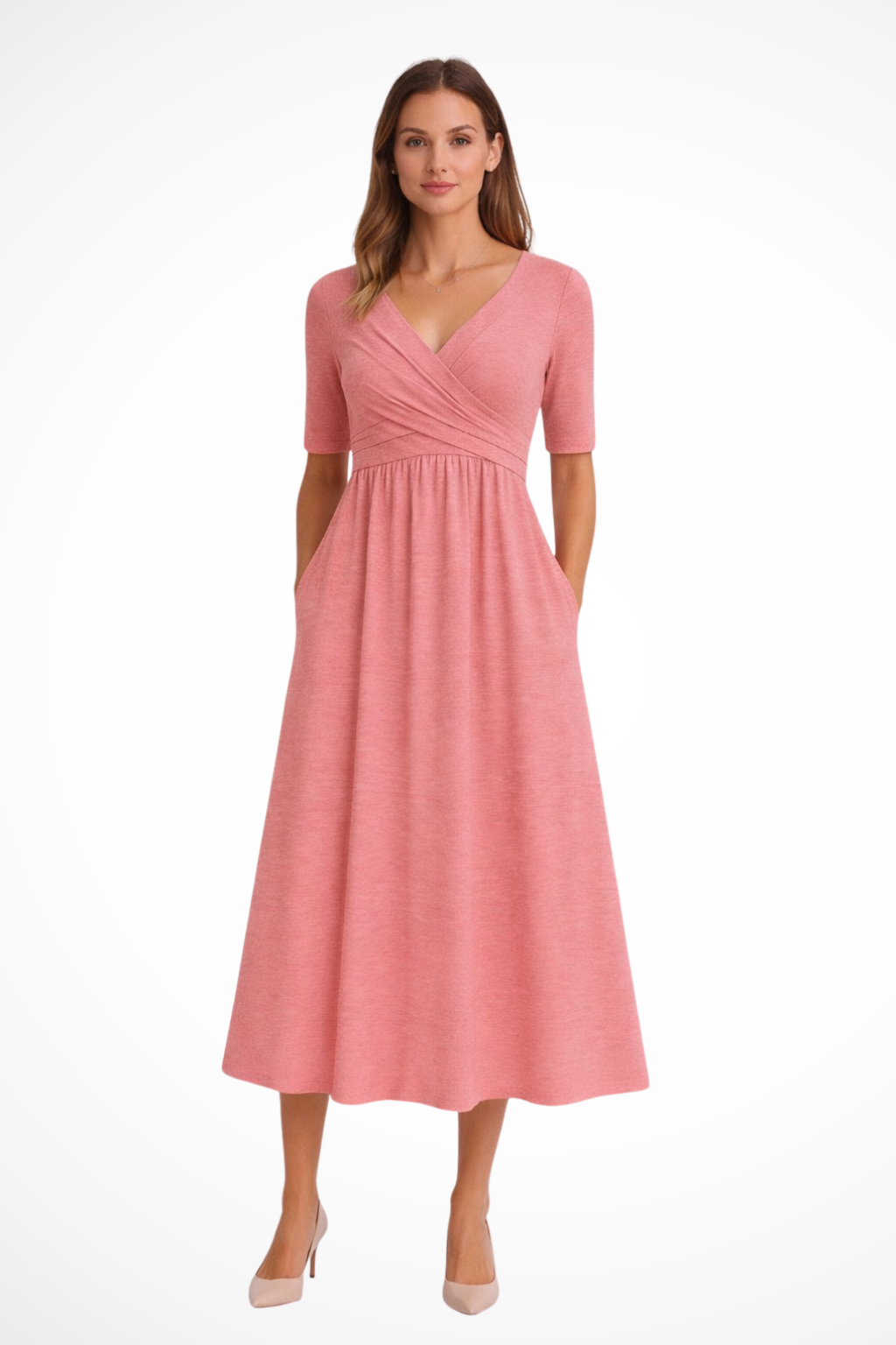 Women's Short Sleeve Wrap Front Midi Dress - Casual, Comfortable Fit for Everyday Wear