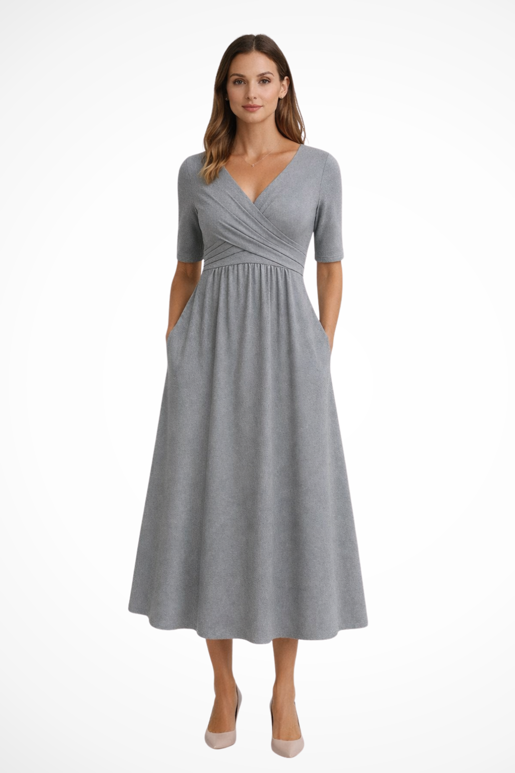 Women's Short Sleeve Wrap Front Midi Dress - Casual, Comfortable Fit for Everyday Wear