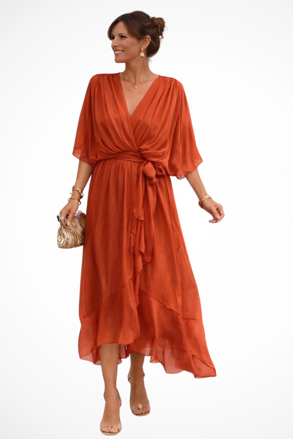 Women's Soft V Neck Midi Dress with Waist Tie | Flowing Design for Casual or Formal Wear