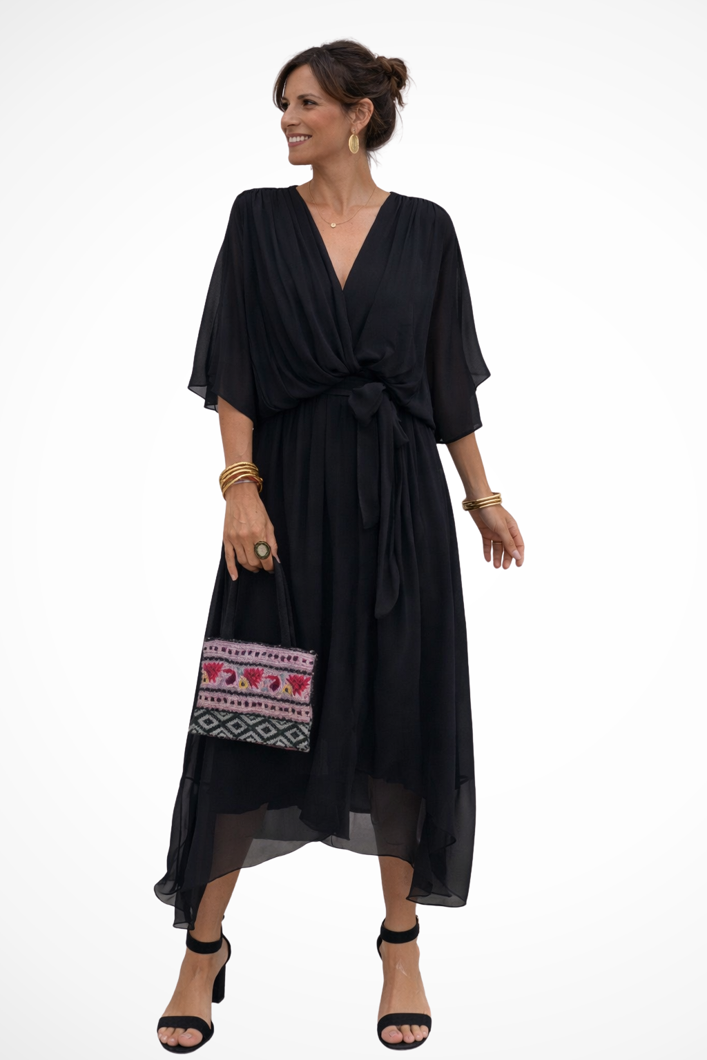 Women's Soft V Neck Midi Dress with Waist Tie | Flowing Design for Casual or Formal Wear