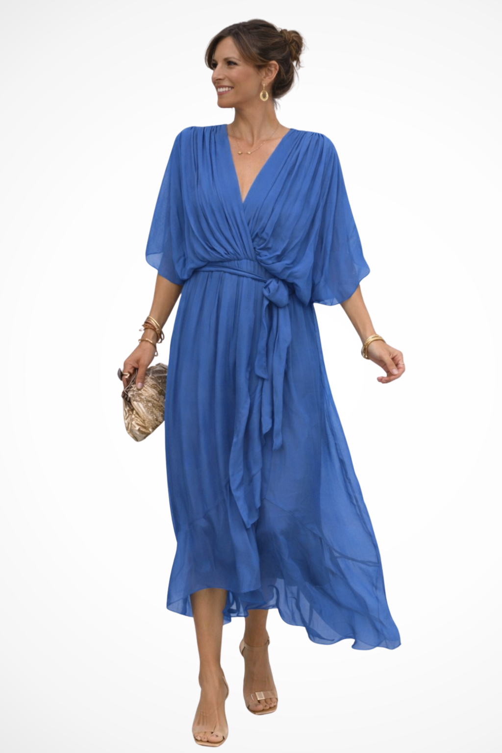 Women's Soft V Neck Midi Dress with Waist Tie | Flowing Design for Casual or Formal Wear