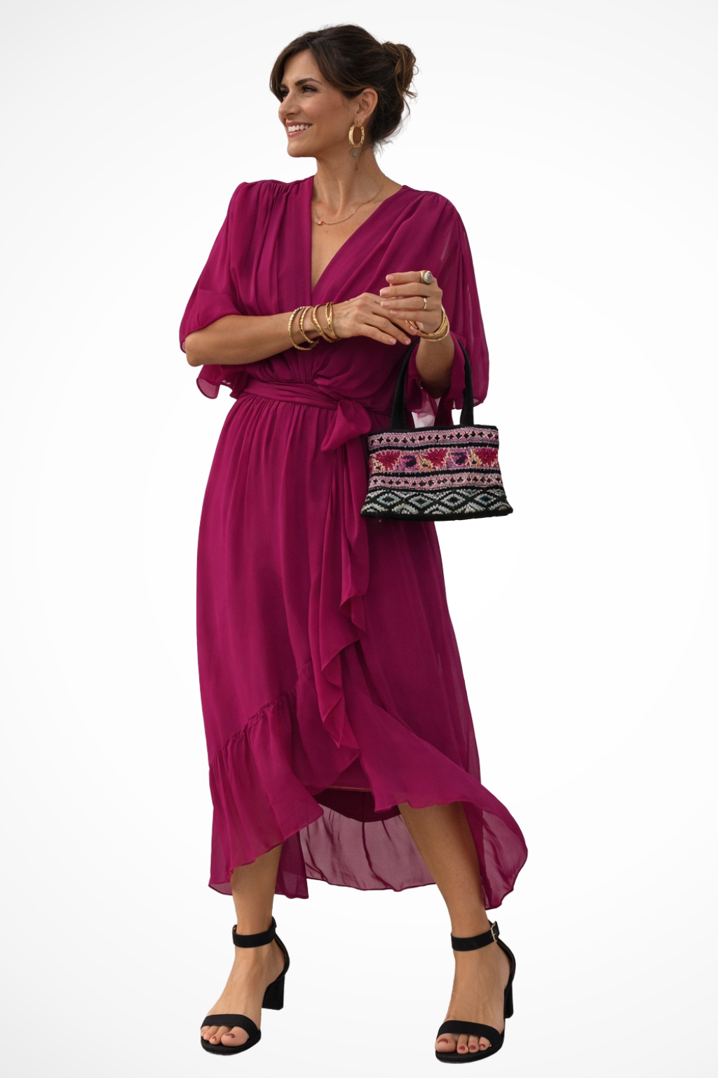 Women's Soft V Neck Midi Dress with Waist Tie | Flowing Design for Casual or Formal Wear