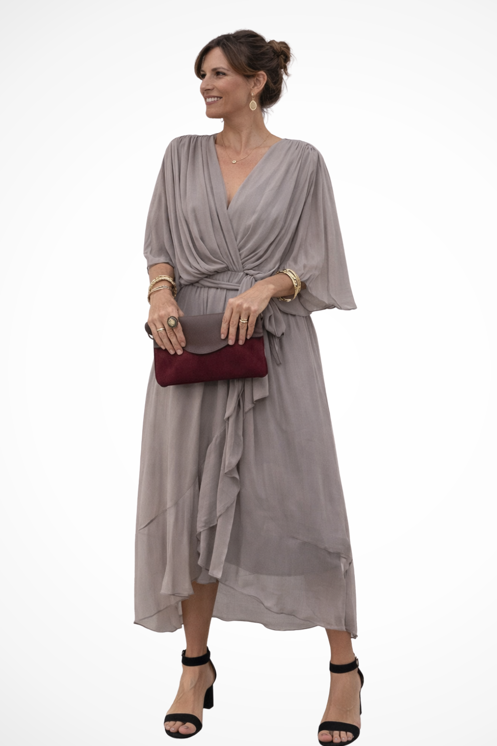 Women's Soft V Neck Midi Dress with Waist Tie | Flowing Design for Casual or Formal Wear