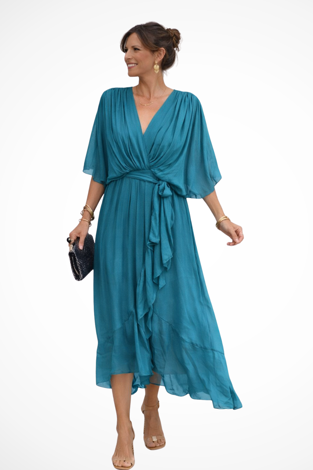 Women's Soft V Neck Midi Dress with Waist Tie | Flowing Design for Casual or Formal Wear