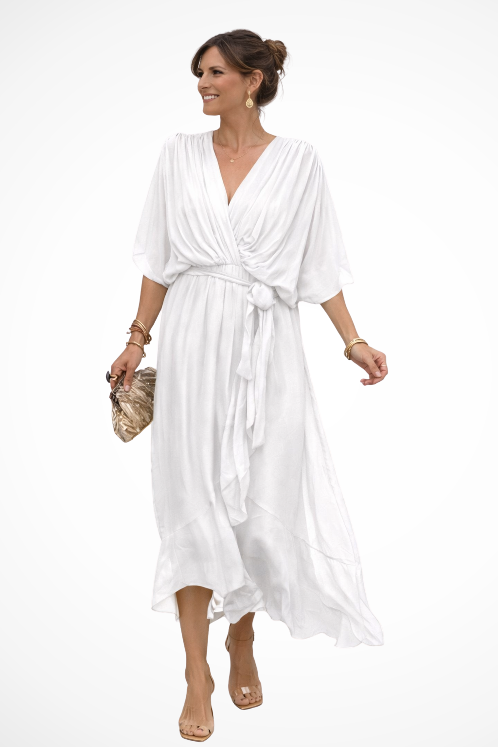 Women's Soft V Neck Midi Dress with Waist Tie | Flowing Design for Casual or Formal Wear