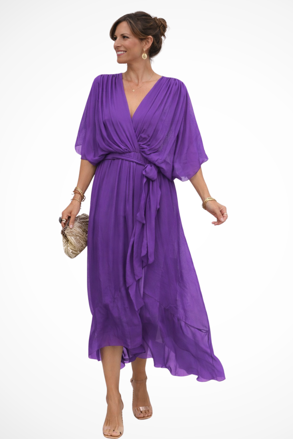 Women's Soft V Neck Midi Dress with Waist Tie | Flowing Design for Casual or Formal Wear