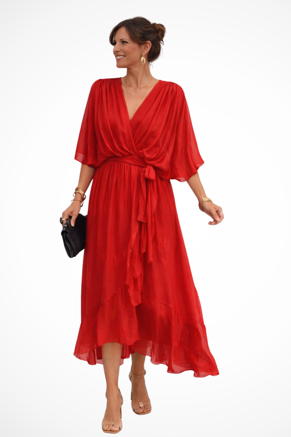 Women's Soft V Neck Midi Dress with Waist Tie | Flowing Design for Casual or Formal Wear