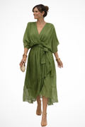 Women's Soft V Neck Midi Dress with Waist Tie | Flowing Design for Casual or Formal Wear