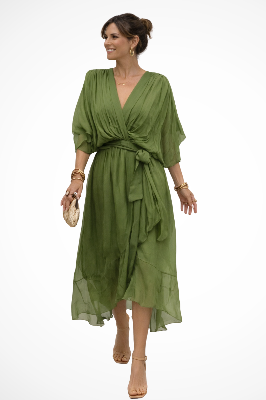 Women's Soft V Neck Midi Dress with Waist Tie | Flowing Design for Casual or Formal Wear