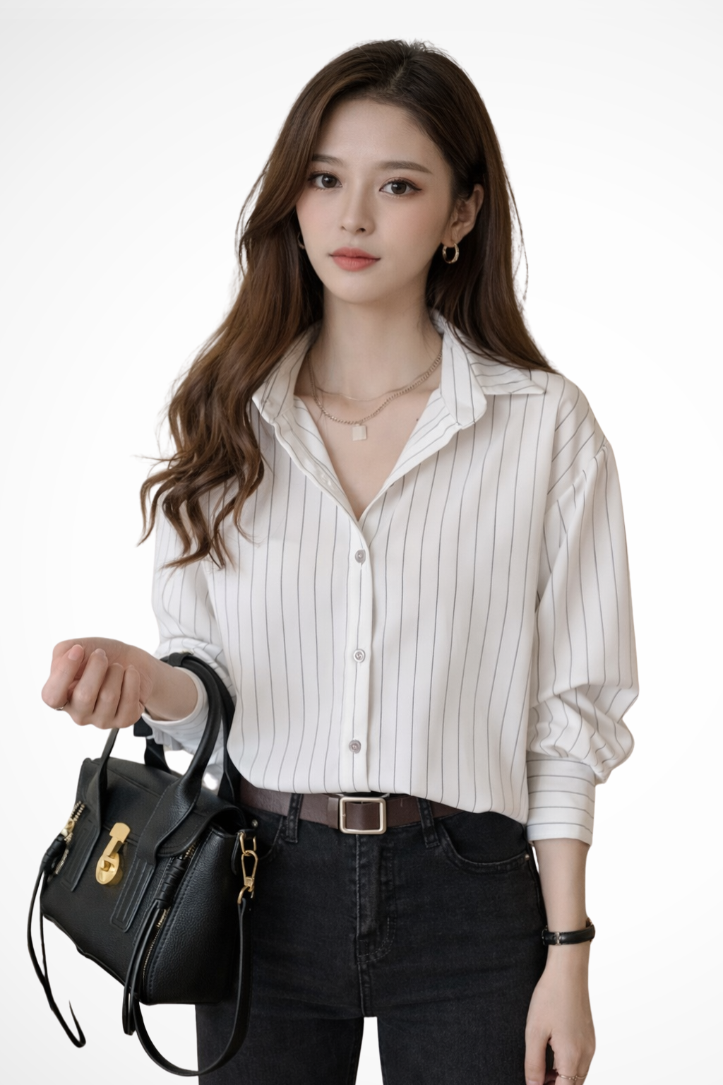 Women's Striped Long Sleeve Shirt with Turn Down Collar - Casual Cotton Blouse for Everyday Wear