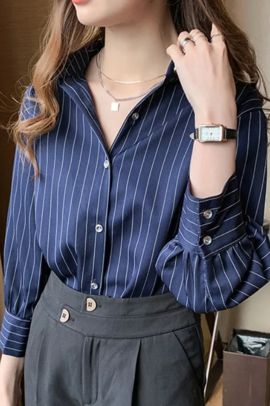 Women's Striped Long Sleeve Shirt with Turn Down Collar - Casual Cotton Blouse for Everyday Wear