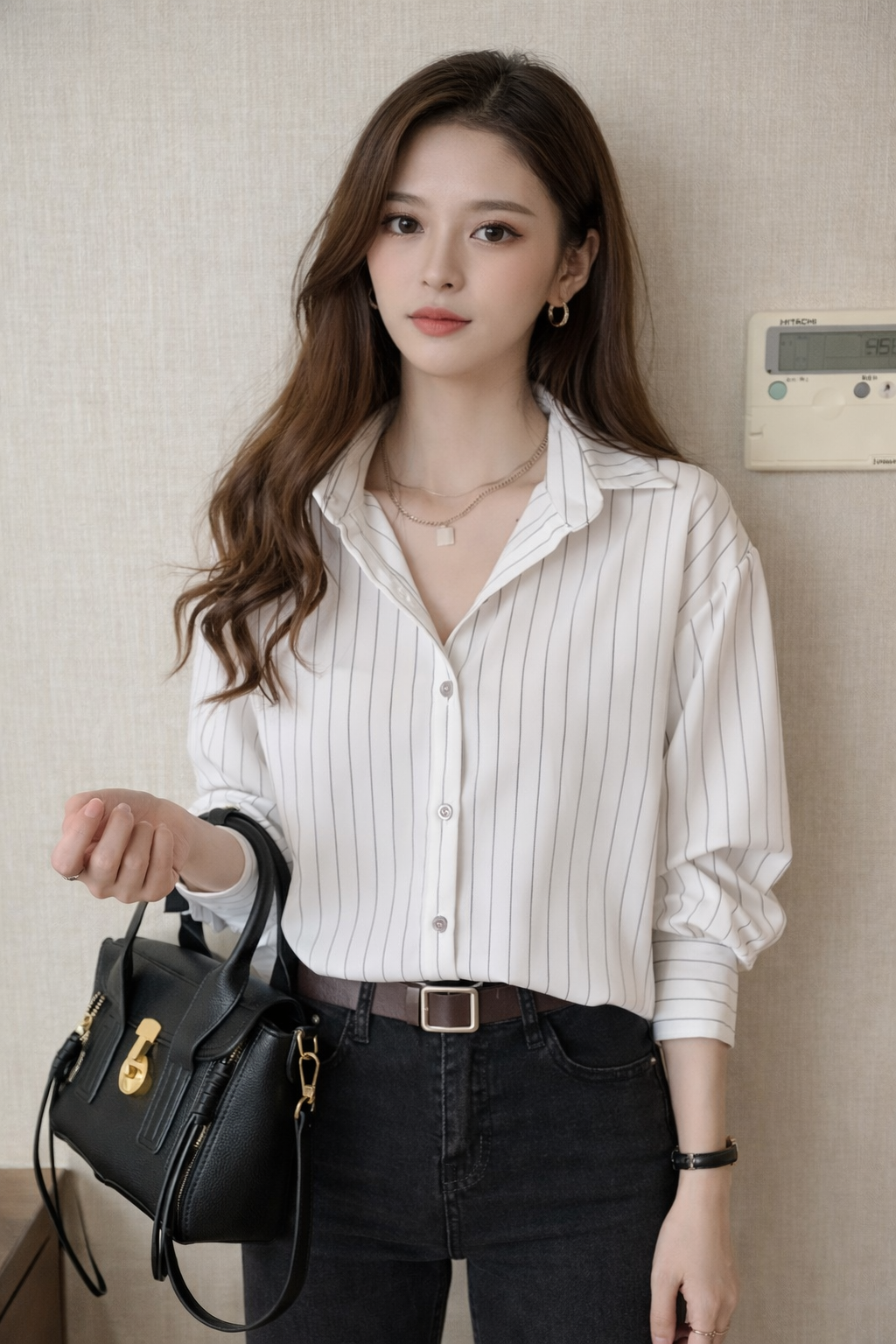 Women's Striped Long Sleeve Shirt with Turn Down Collar - Casual Cotton Blouse for Everyday Wear