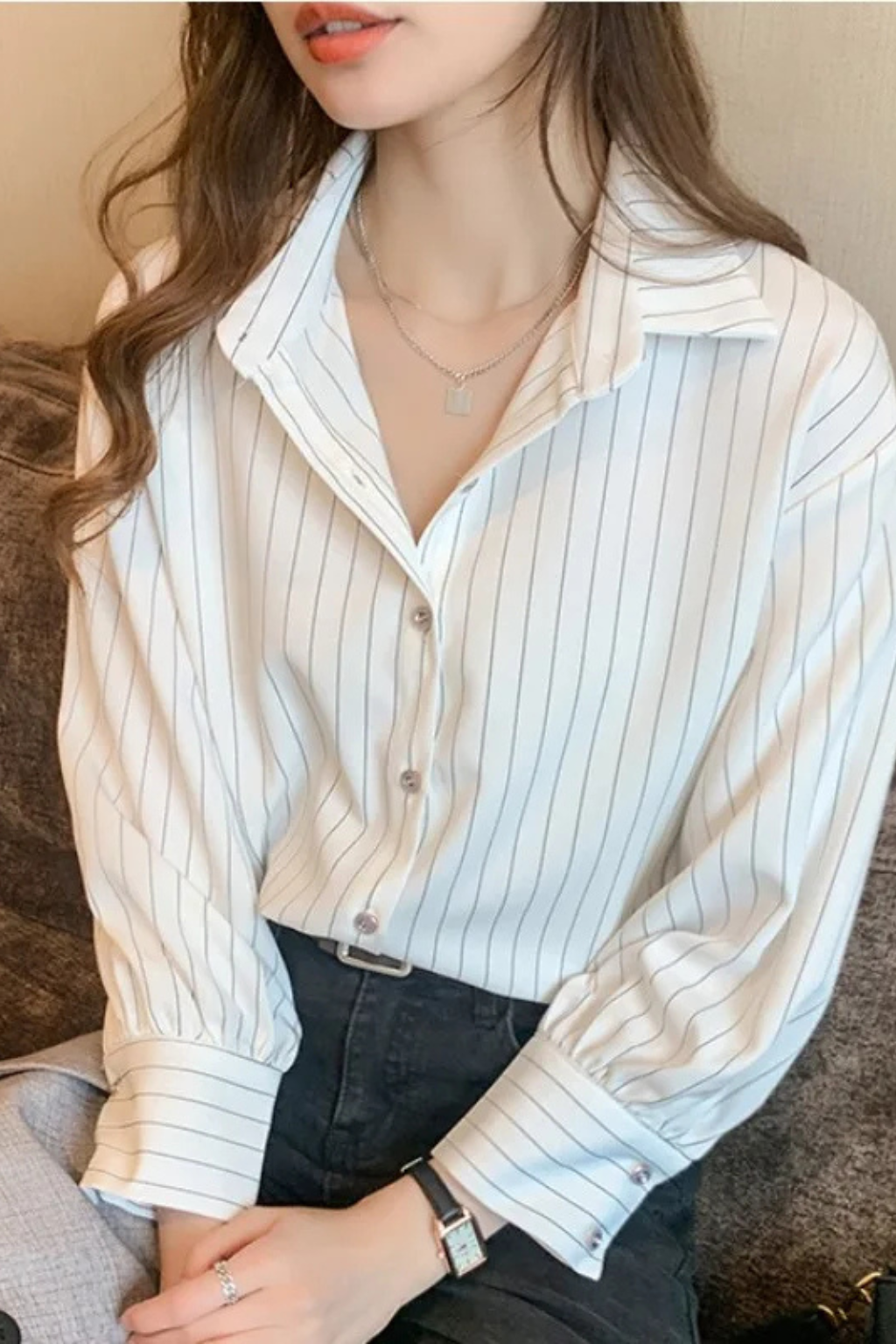 Women's Striped Long Sleeve Shirt with Turn Down Collar - Casual Cotton Blouse for Everyday Wear