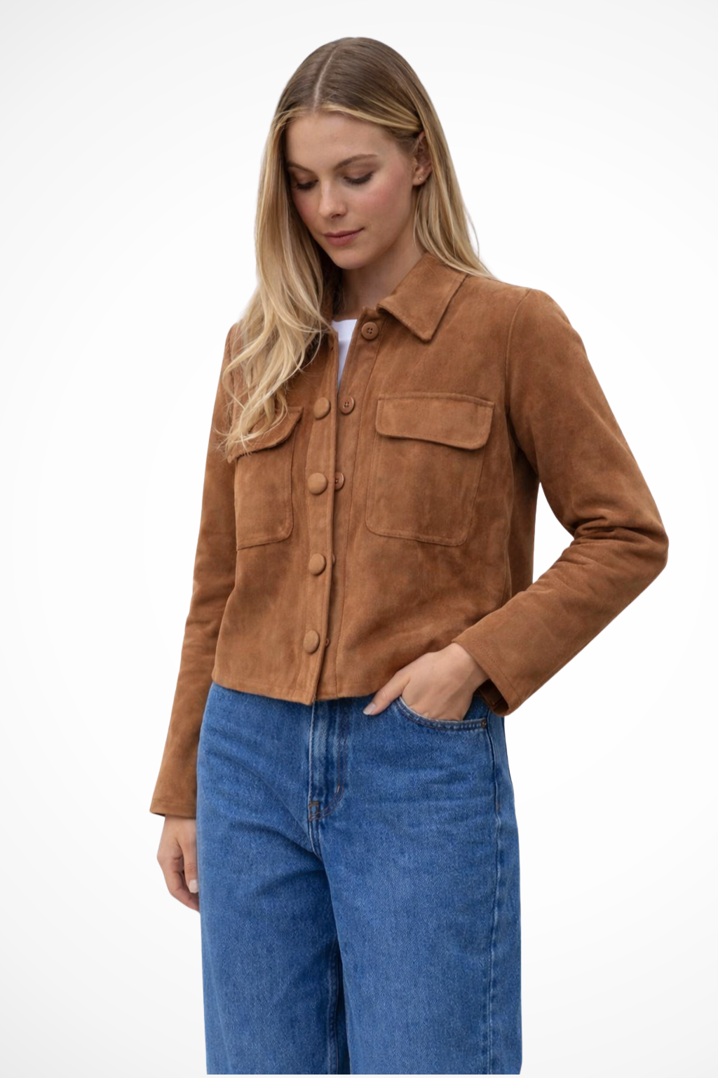 Women's Suede Look Button Front Overshirt Jacket - Stylish Layering Piece for Casual Wear