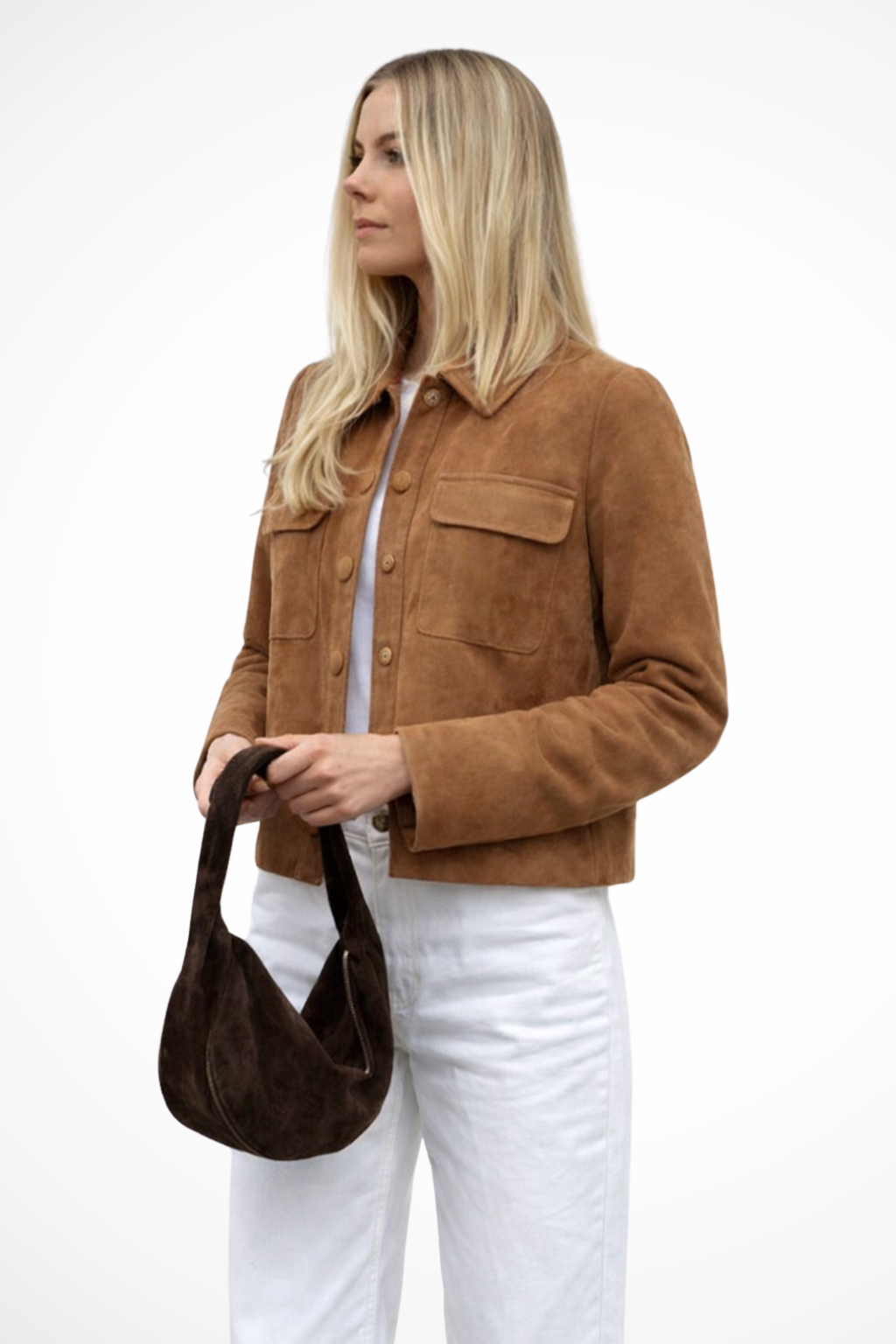 Women's Suede Look Button Front Overshirt Jacket - Stylish Layering Piece for Casual Wear