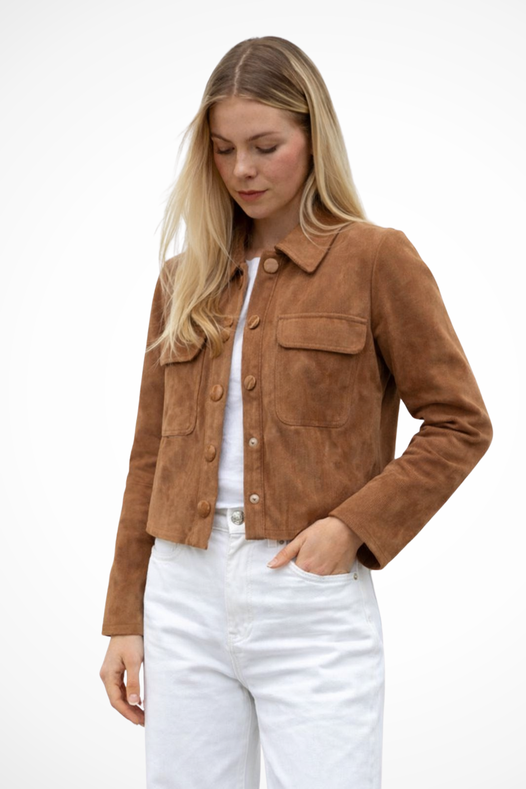 Women's Suede Look Button Front Overshirt Jacket - Stylish Layering Piece for Casual Wear