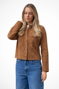 Women's Suede Look Button Front Overshirt Jacket - Stylish Layering Piece for Casual Wear