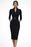 Women's Tailored Long Sleeve Midi Dress with Belt - Elegant and Versatile for Work or Special Occasions