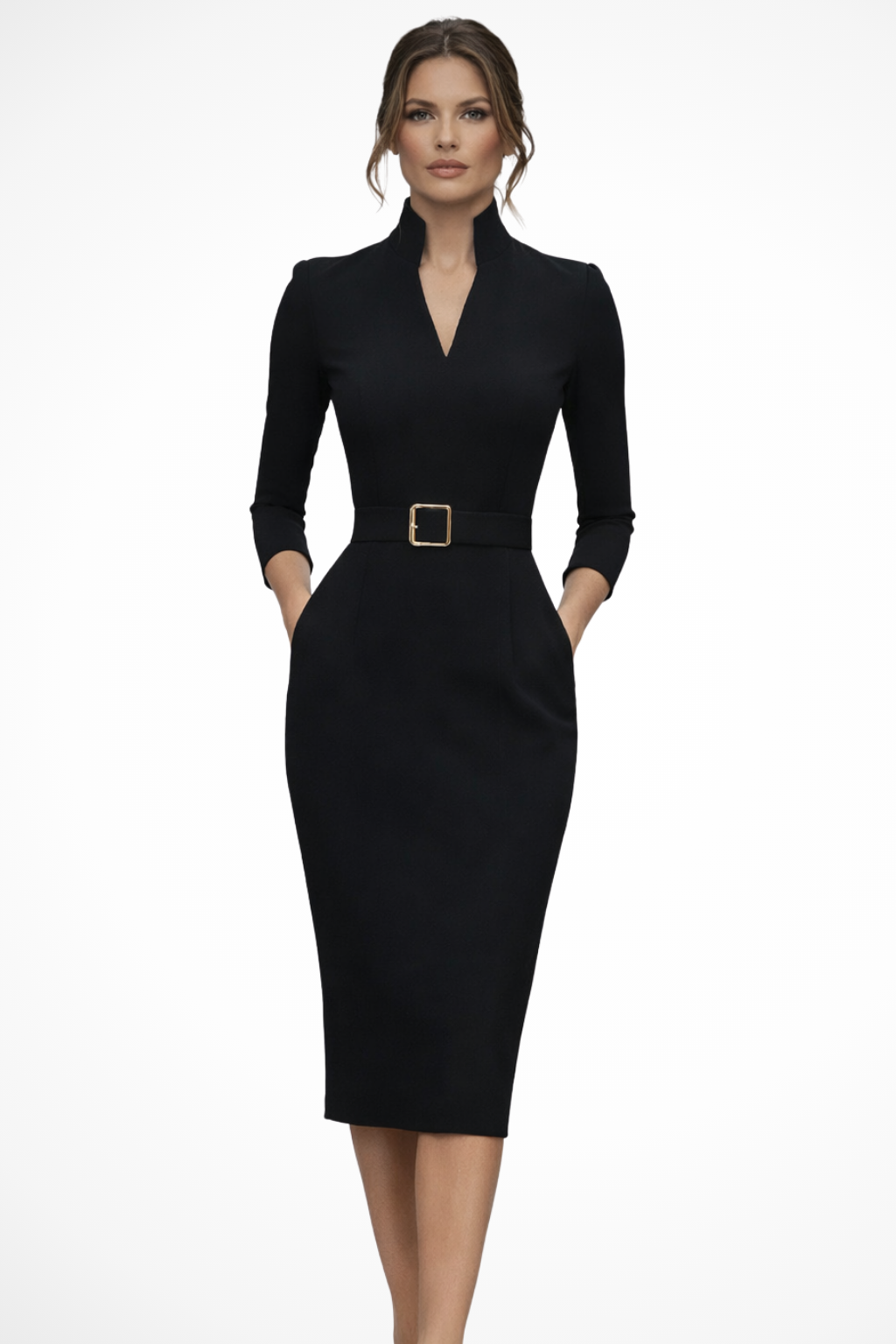 Women's Tailored Long Sleeve Midi Dress with Belt - Elegant and Versatile for Work or Special Occasions