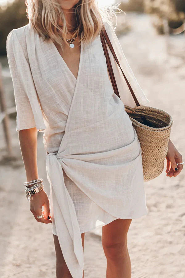 Women’s Wrap Mini Dress with Tie Waist, Short Sleeves, Casual Style, Perfect for Summer Events and Outings