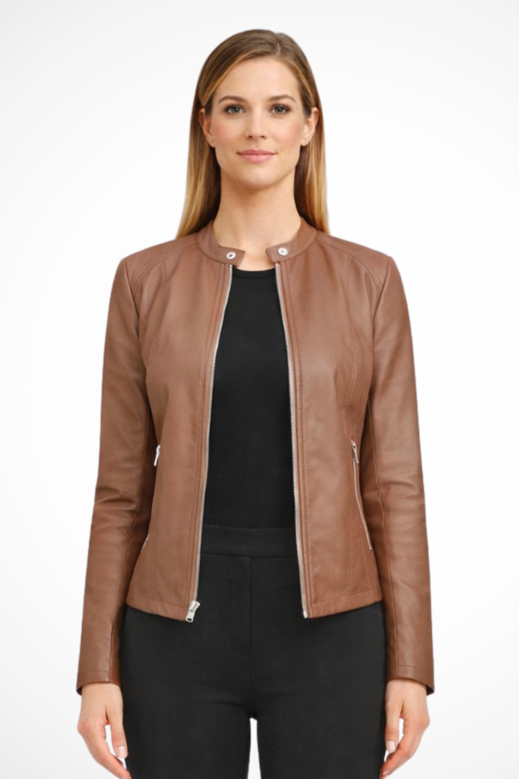 Women's Zip Front Biker Jacket - Classic Faux Leather Design for Casual and Everyday Wear