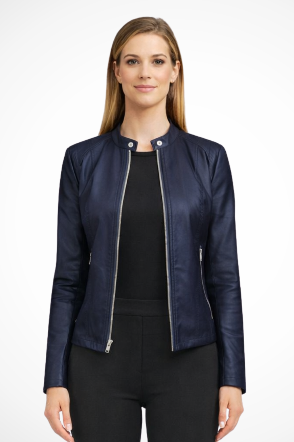 Women's Zip Front Biker Jacket - Classic Faux Leather Design for Casual and Everyday Wear