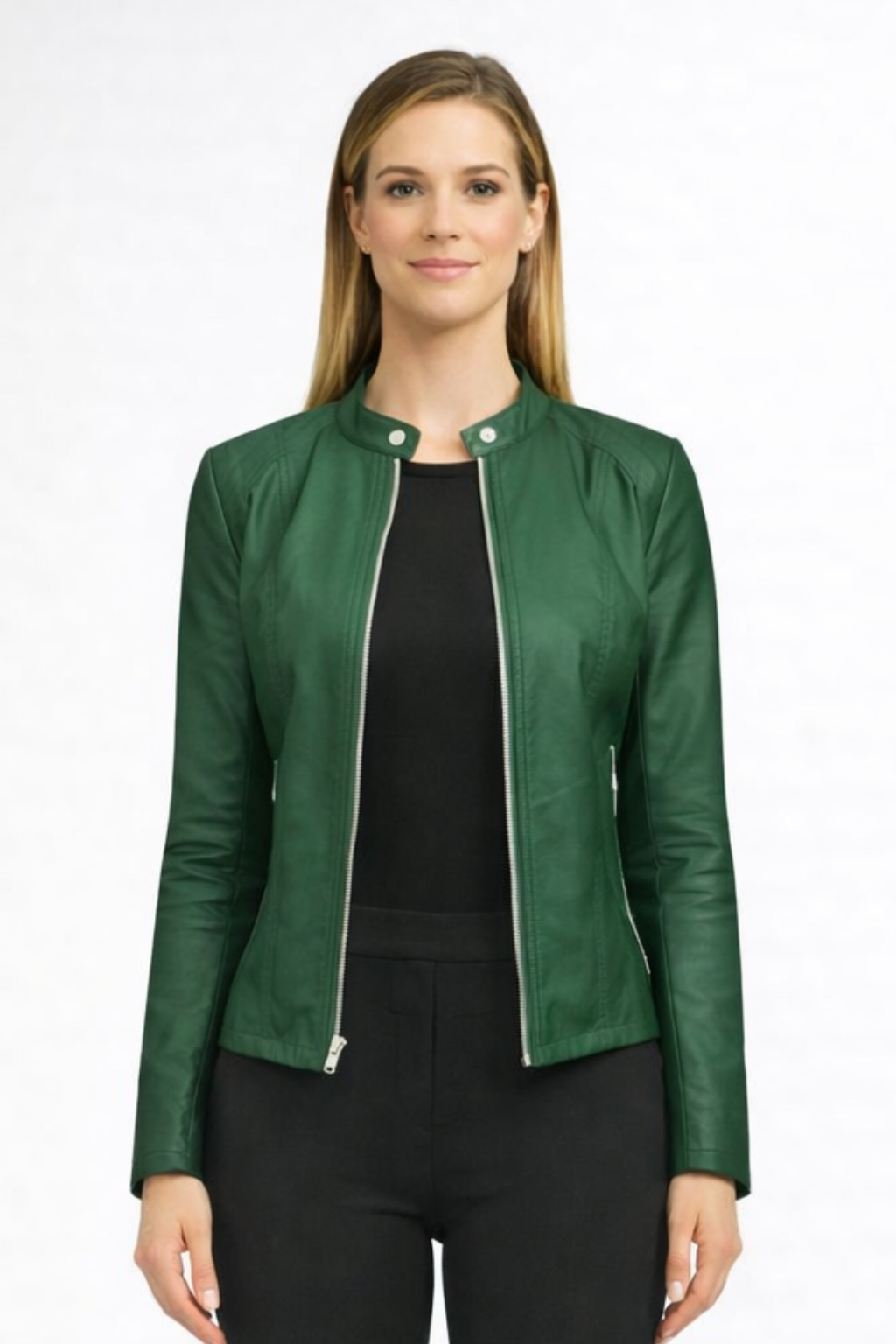 Women's Zip Front Biker Jacket - Classic Faux Leather Design for Casual and Everyday Wear