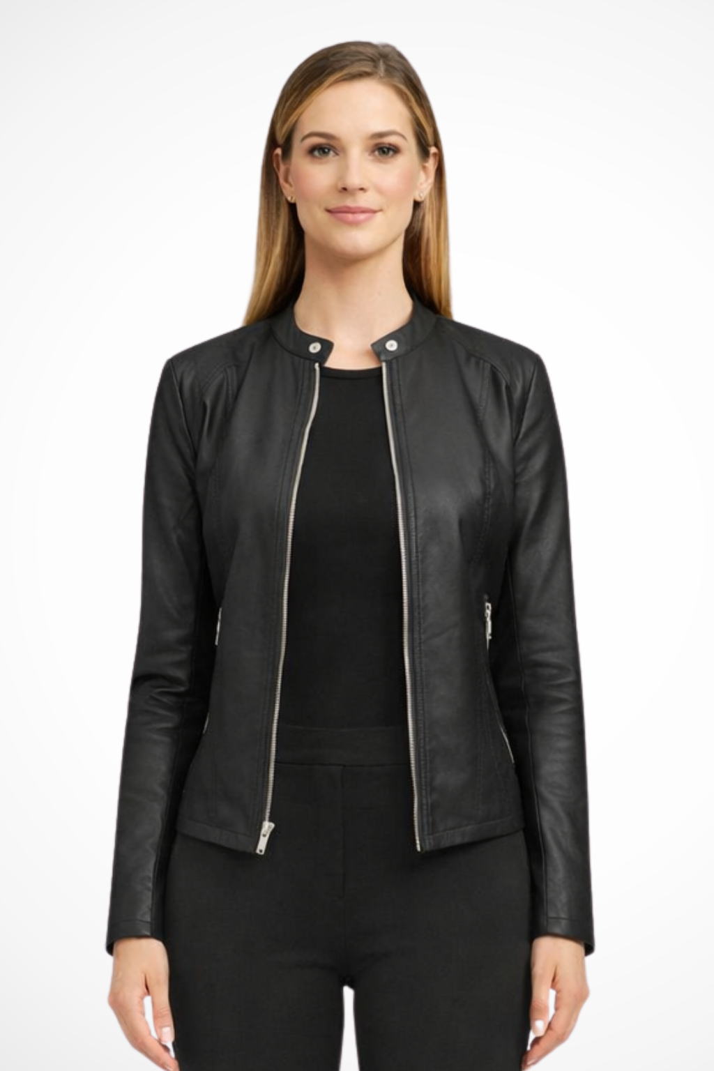 Women's Zip Front Biker Jacket - Classic Faux Leather Design for Casual and Everyday Wear